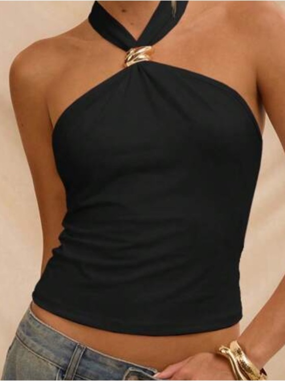 Never worn Black Halter Neck Tank Top with Gold Accent
